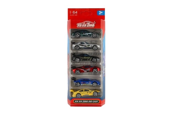 Voiture de course 6 pièces métal/plastique 8cm en roue libre dans une boîte 10,5x27x4cm