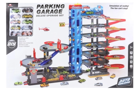Garage avec petites voitures et héliport