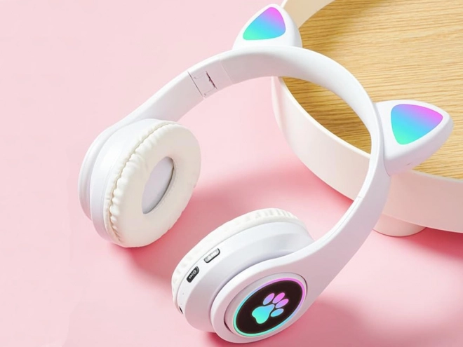 Casque sans fil bluetooth radio fm mp3 oreilles de chat éclairage LED – Blanc