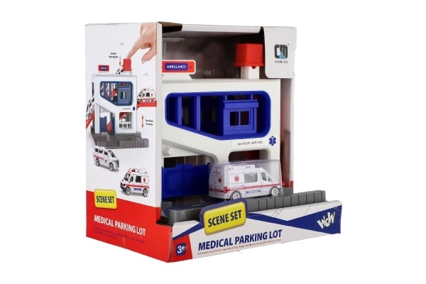 Garage de stationnement avec véhicule ambulance