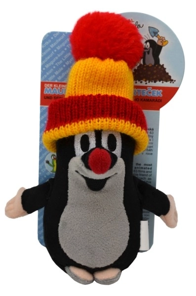 Krtek en peluche avec bonnet rouge et jaune 15cm sur carte