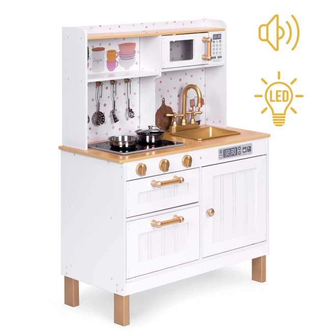 Cuisine en bois pour enfants avec sons et LEDs, grande, avec placards ouvrants et 7 accessoires, ECOTOYS