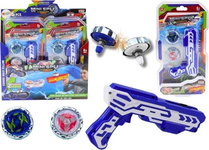 Pistolet lanceur avec deux disques métalliques lumineux, bleu