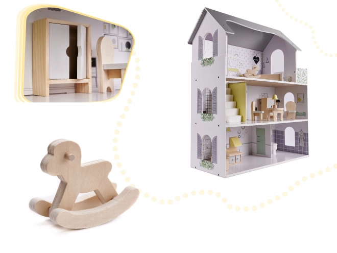 Maison de poupée avec meubles en bois gris