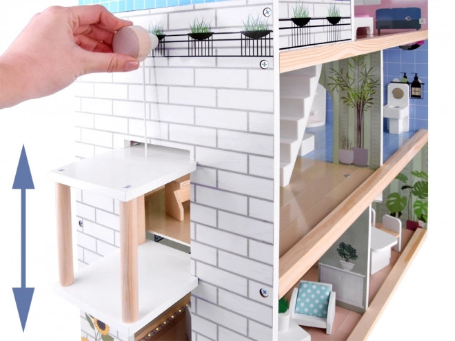 Maison de poupées en bois avec piscine et éclairage LED