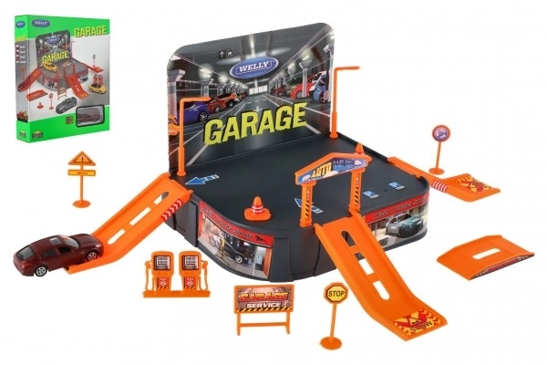 Garage Welly + voiture Welly Porsche métal/plastique dans boîte 21x25x5,5cm
