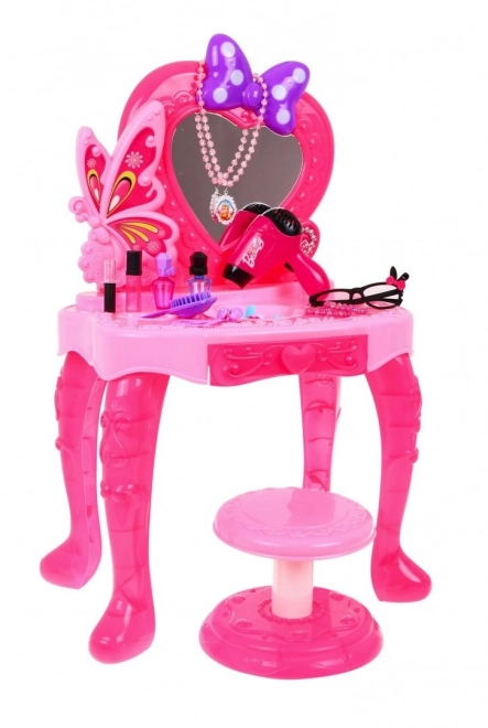 Coiffeuse rose avec miroir et tabouret + accessoires de coiffure et sèche-cheveux