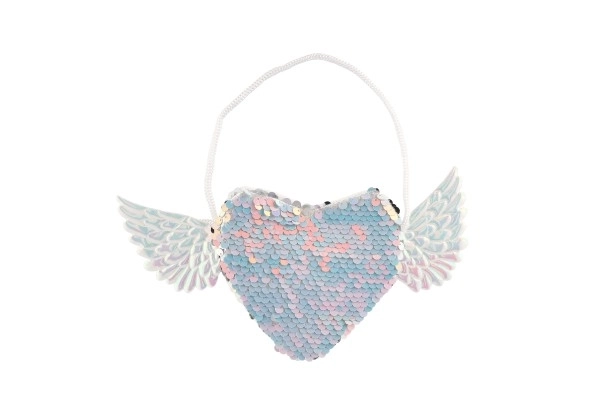 Sac à main en forme de cœur avec ailes à paillettes réversibles tissu blanc 21x10cm dans un sachet