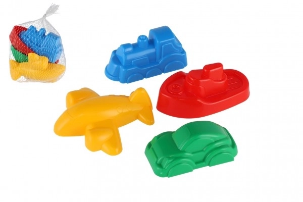 Moules Gâteaux de Sable 4pcs plastique véhicules dans un filet 12m+