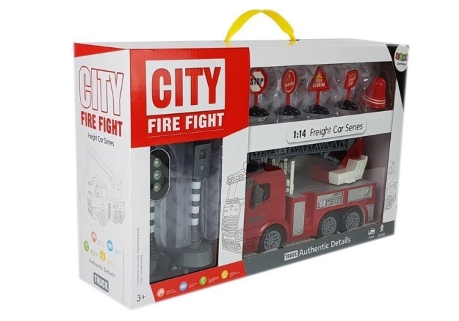 Camion de pompiers avec panneaux et feux de signalisation - propulsion par friction, effets sonores et lumineux