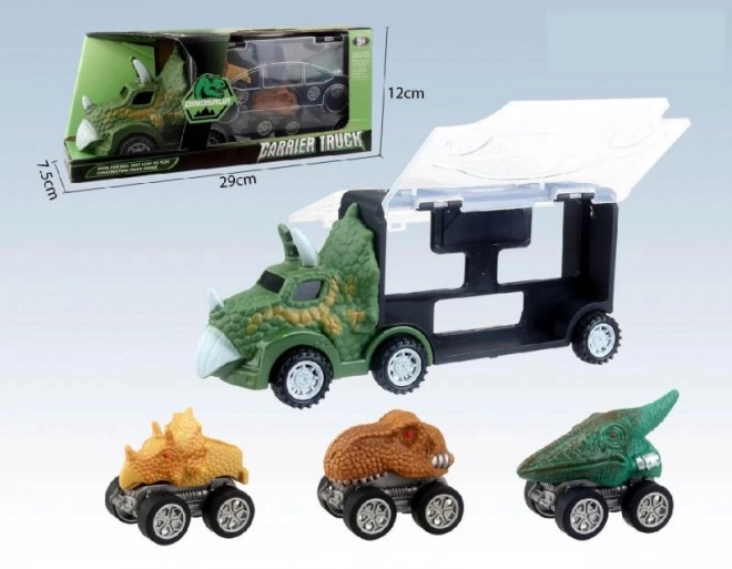 Camion dinosaure avec 3 petites voitures