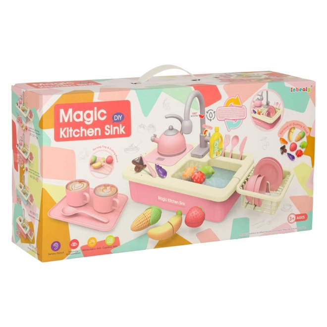 Évier de cuisine pour enfants avec vraie eau et accessoires roses