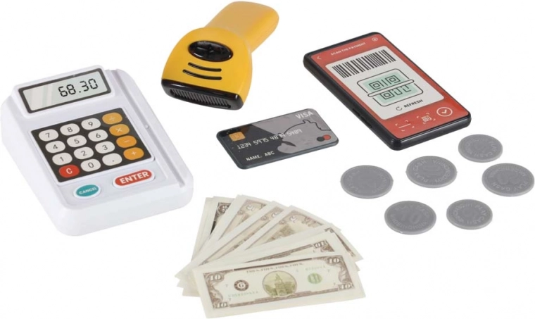 Achat réaliste : caisse, scanner et paiement par carte