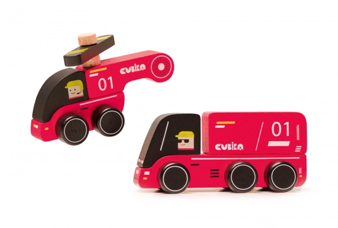 CUBIKA 15559 Pompiers - petite voiture en bois avec hélicoptère