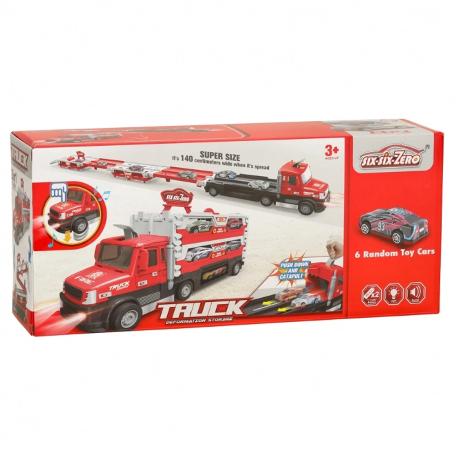 Camion rouge avec circuit caché et 6 petites voitures