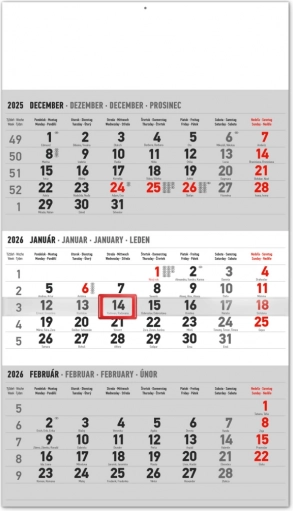 Calendrier mural trimestriel avec prénoms slovaques 2026, gris
