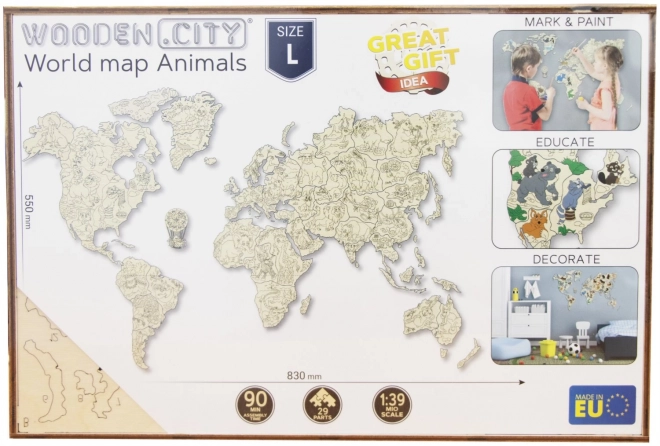 Carte du monde animal en bois 3D, taille M