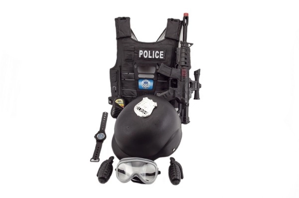 Ensemble de pistolet de police et casque avec accessoires en plastique 38cm dans un filet