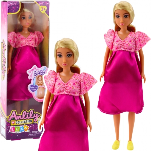 Poupée Anlily enceinte en robe rose avec de longs cheveux