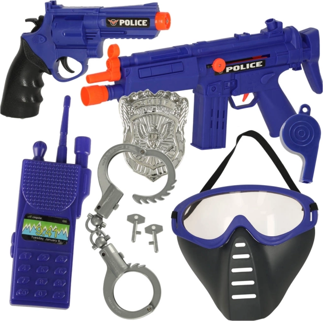 Set de jeu de police avec pistolet, carabine, masque et menottes
