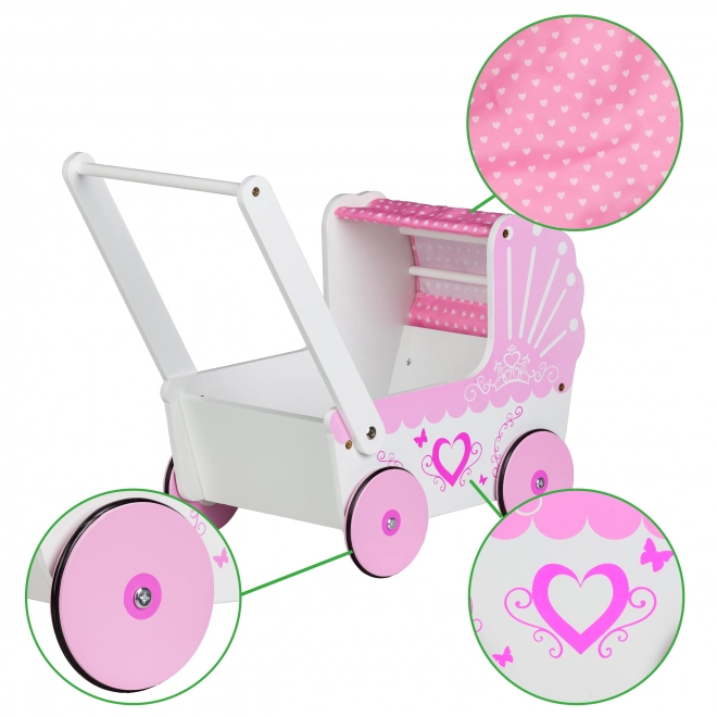 EcoToys Poussette en bois pour poupées Cœur Rose