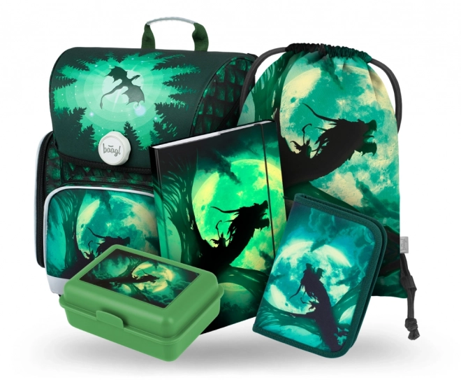 Ensemble scolaire Dragon Baagl: Cartable, Trousse, Sac, Dossier et Boîte à Goûter