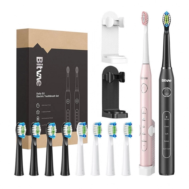 Brosses à dents soniques avec jeu d'embouts et 2 porte-brosses à dents Bitvae D2+D2 (rose et noir)