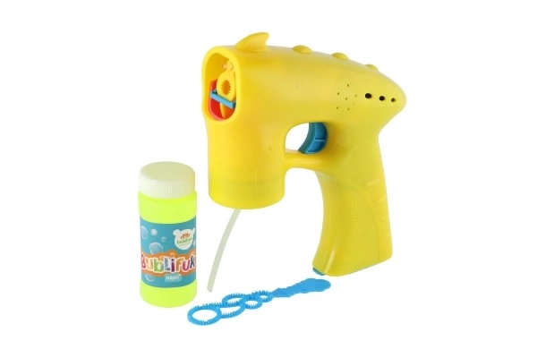 Pistolet à bulles jaune en plastique 13cm + 1 recharge à piles sur carte