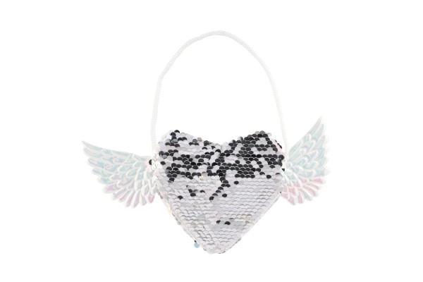 Sac à main en forme de cœur avec ailes à paillettes réversibles tissu blanc 21x10cm dans un sachet