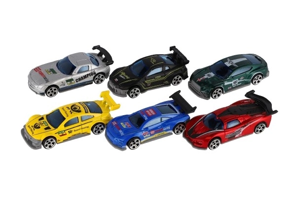 Voiture de course 6 pièces métal/plastique 8cm en roue libre dans une boîte 10,5x27x4cm