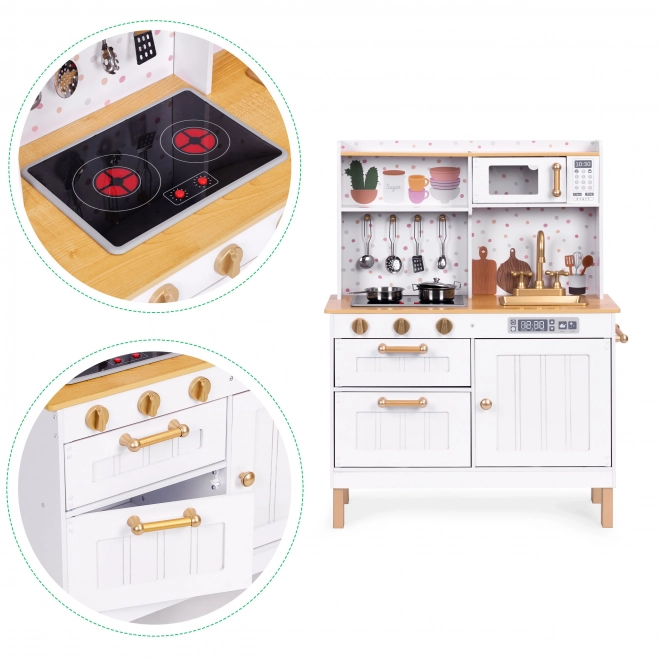 Cuisine en bois pour enfants avec sons et LEDs, grande, avec placards ouvrants et 7 accessoires, ECOTOYS