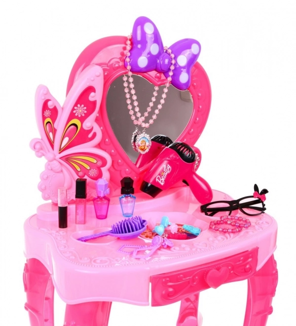 Coiffeuse rose avec miroir et tabouret + accessoires de coiffure et sèche-cheveux