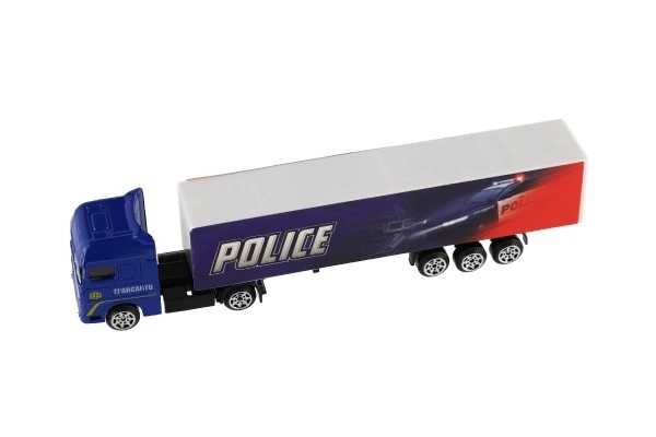 Camion avec remorque métal/plastique 20cm à mouvement libre assortiment de types en boîte plastique 20x5x3cm