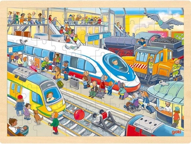 Goki puzzle en bois gare ferroviaire 96 pièces