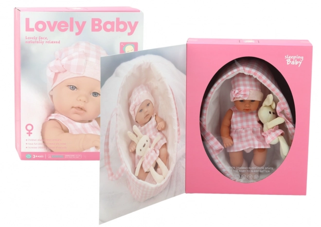 Poupée Bébé avec Porte-bébé Lapin en Vêtements à Carreaux Roses