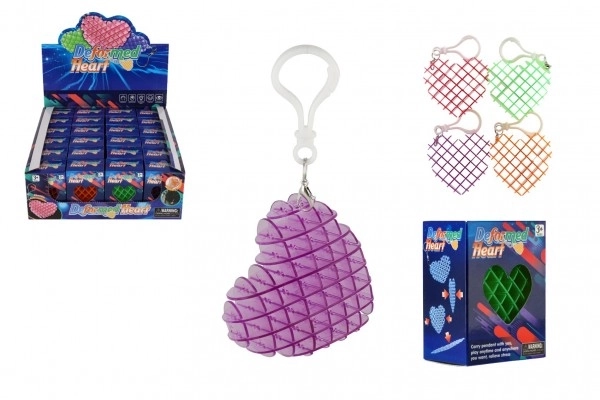Pendentif fidget cœur changeant de forme antistress plastique 6cm 4 couleurs dans une boîte 6x6,5cm 24pcs dans un carton