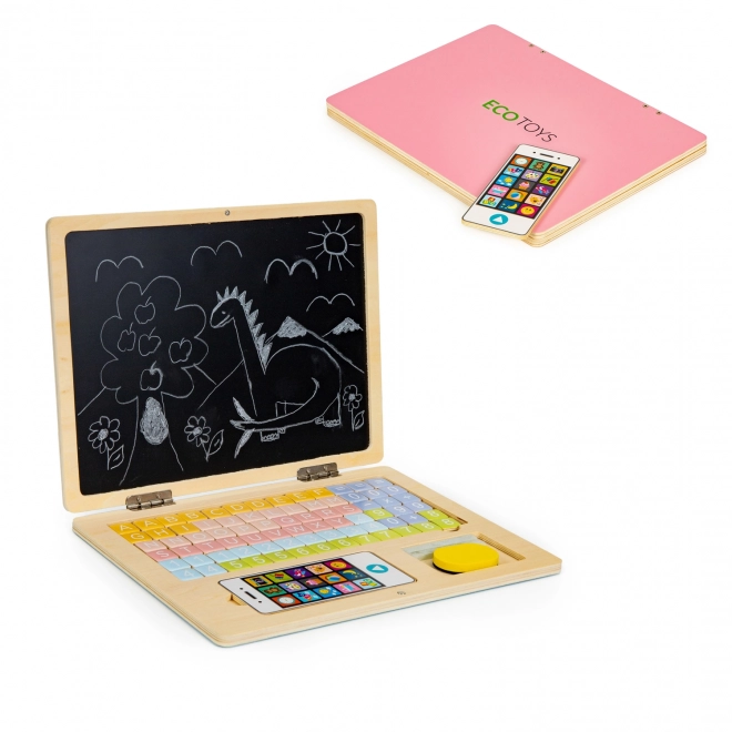 ECOTOYS Ordinateur portable en bois avec écran magnétique - rose
