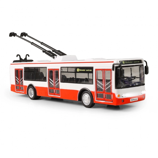 Trolleybus parlant tchèque en plastique 29cm rouge marche libre sur bat. avec lumière et son en boîte 33x11x10cm
