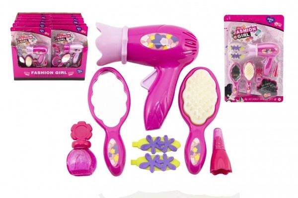 Ensemble de beauté/Petite coiffeuse avec sèche-cheveux et accessoires en plastique 2 types sur carte 18,5x27,5 cm 12pcs en boîte
