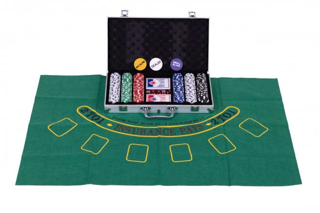 Set de Poker Blackjack 300 jetons 2 paquets de cartes Tapis de jeu Mallette de transport verrouillable