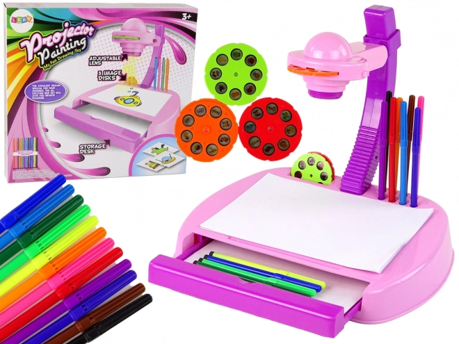 Projecteur de dessin pour enfants rose avec feutres et espace de rangement