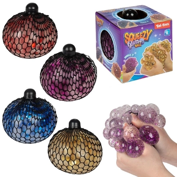 Boule anti-stress à presser en filet de boue 10cm avec paillettes 4 couleurs en boîte 9x9,5x9cm
