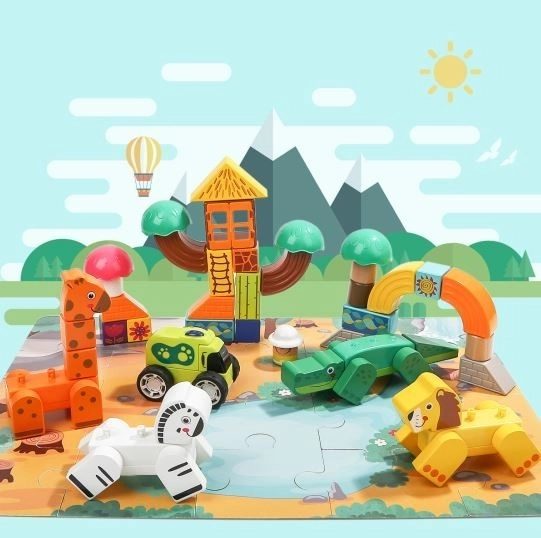 Cubes en bois et puzzle - Safari Top Bright