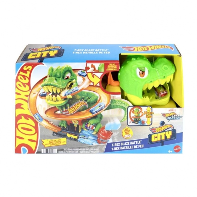 T-rex attaque la caserne des pompiers de Hot Wheels city