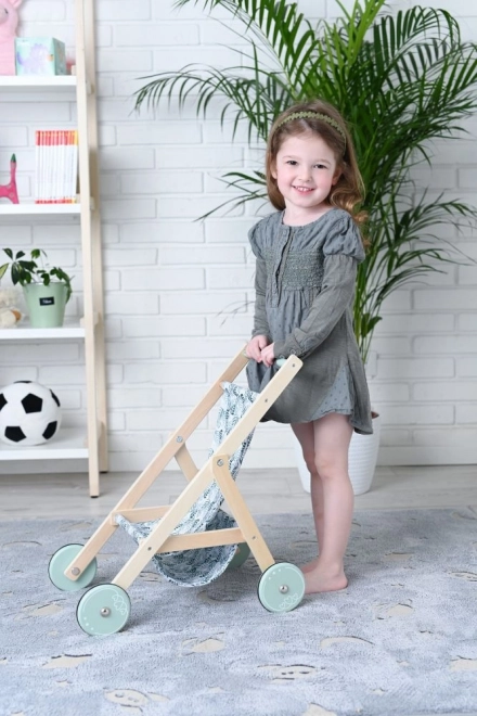 Poussette légère en bois pour poupées - menthe