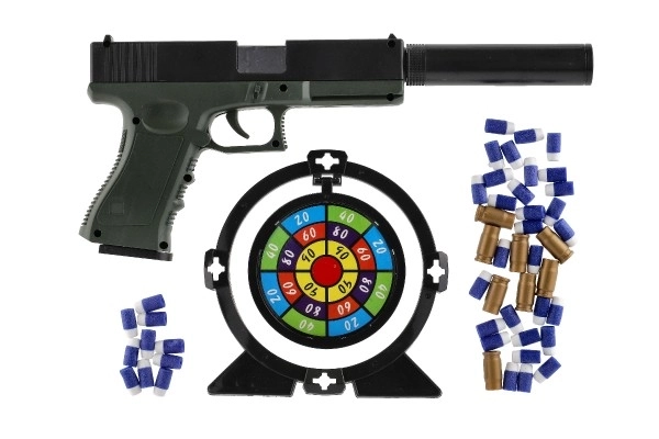 Pistolet en plastique avec munitions en mousse 20cm avec silencieux, cible, 18 munitions dans une boîte de 40x28x4,5cm
