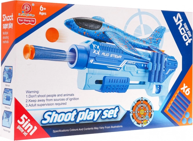 Set de tir 5-en-1 avec avion lanceur – bleu