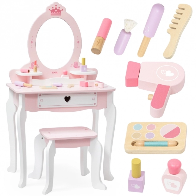 Coiffeuse et tabouret en bois Viga blanc et rose avec miroir