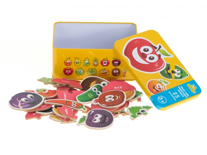 Puzzle avec des motifs de fruits et légumes dans une boîte en étain