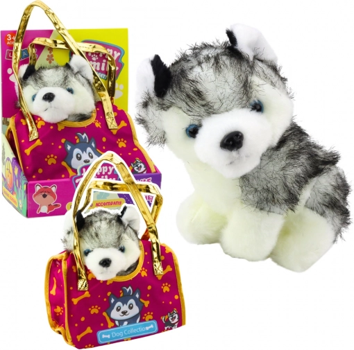 Chien husky en peluche dans un sac